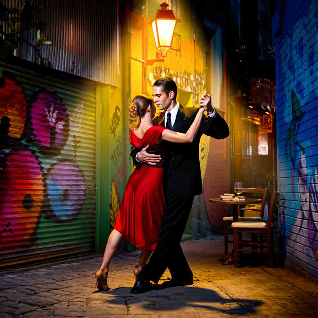 Pareja bailando tango en un callejón de Buenos Aires de noche, con grafitis coloridos. Donde los ritmos se encuentran. Aventura cultural con Diversidad.