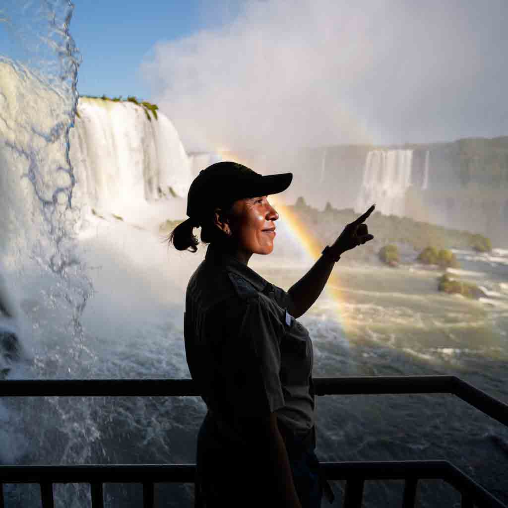 Guía de Diversidad en la pasarela del circuito inferior de las Cataratas del Iguazú, con la Garganta del Diablo al fondo. Travesía con guía experto.