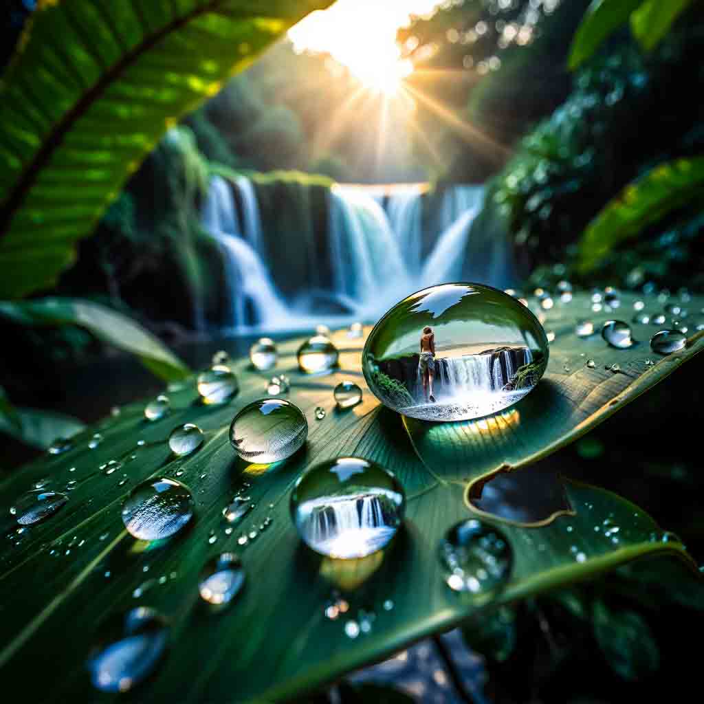 Primer plano de una hoja en la selva de Iguazú con gotas de agua que reflejan las Cataratas, bajo la luz del atardecer. Travesía con Diversidad.