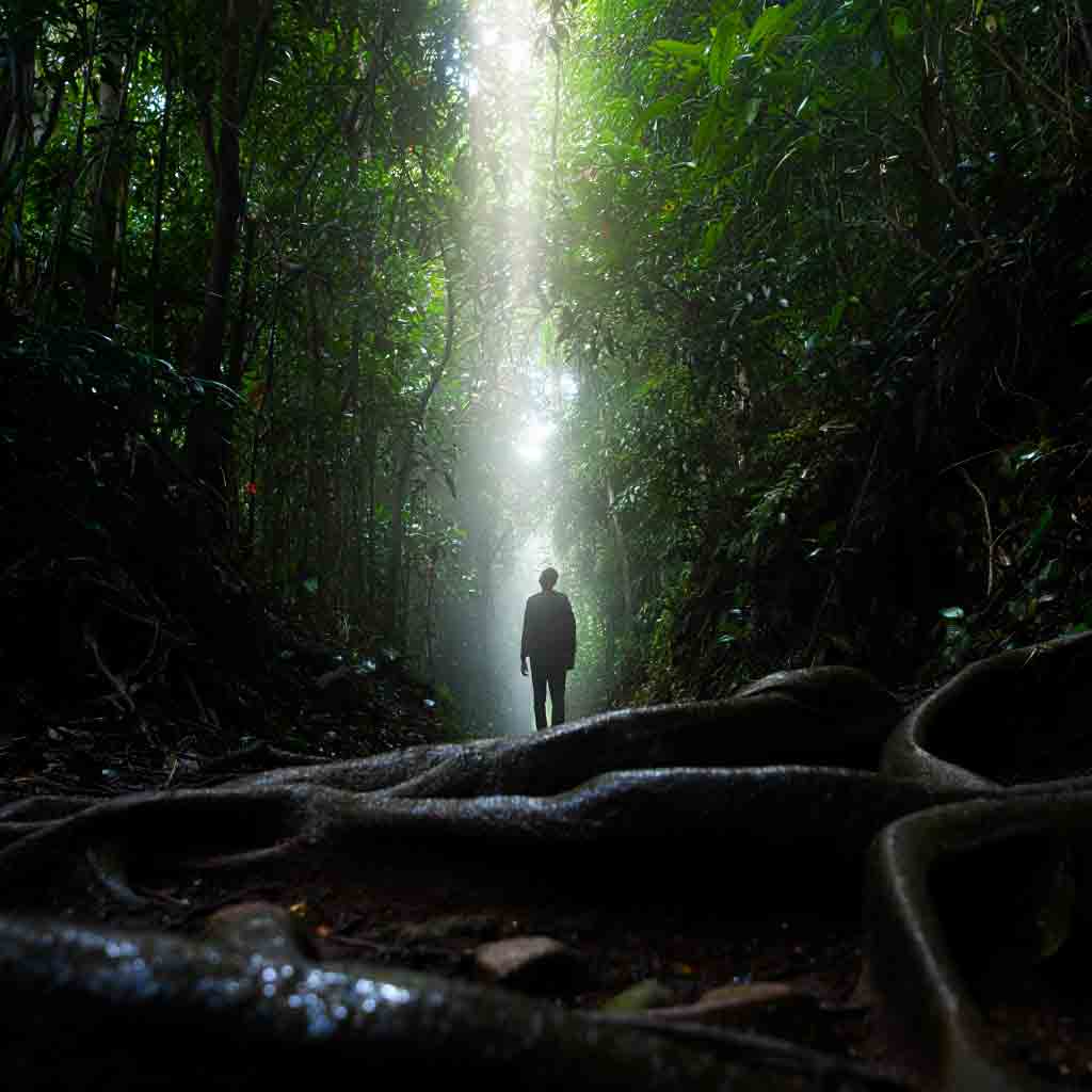 Entrada al Sendero Macuco en Iguazú: un haz de luz ilumina el camino selvático húmedo y umbrío, invitando a la exploración.