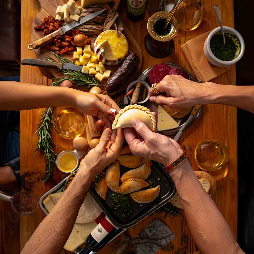 Vista cenital de una mesa con picada argentina, empanadas y elementos como mate y vino, con varias manos realizando el "repulgue" de una empanada. Experiencia cultural gastronómica con Diversidad.
