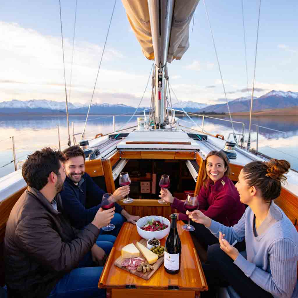 Grupo de viajeros en un velero en el Dique Potrerillos, disfrutando de un pic-nic con vino Malbec y tabla de quesos, con las montañas andinas reflejadas en el lago.