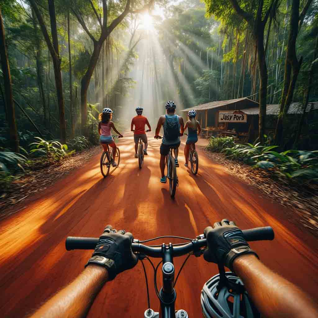 Grupo pedaleando por un sendero de tierra iluminado por el sol de la mañana en la Selva Iryapú, durante el Sendero Guapoy en Bici con Diversidad.